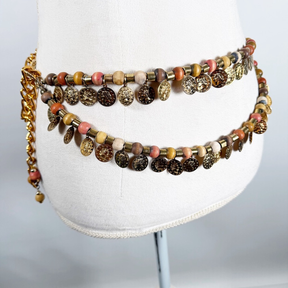 Boho Statement Layered Double Strand Waist Belt Coins Wood beads Hippie Gypsy OS - Picture 8 of 10